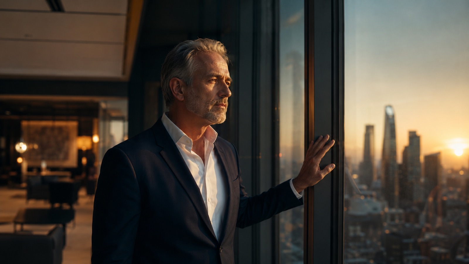 Geschäftsführer am Fenster mit Blick auf die Skyline – Sinnbild für strategische Distanz zur eigenen Marke.