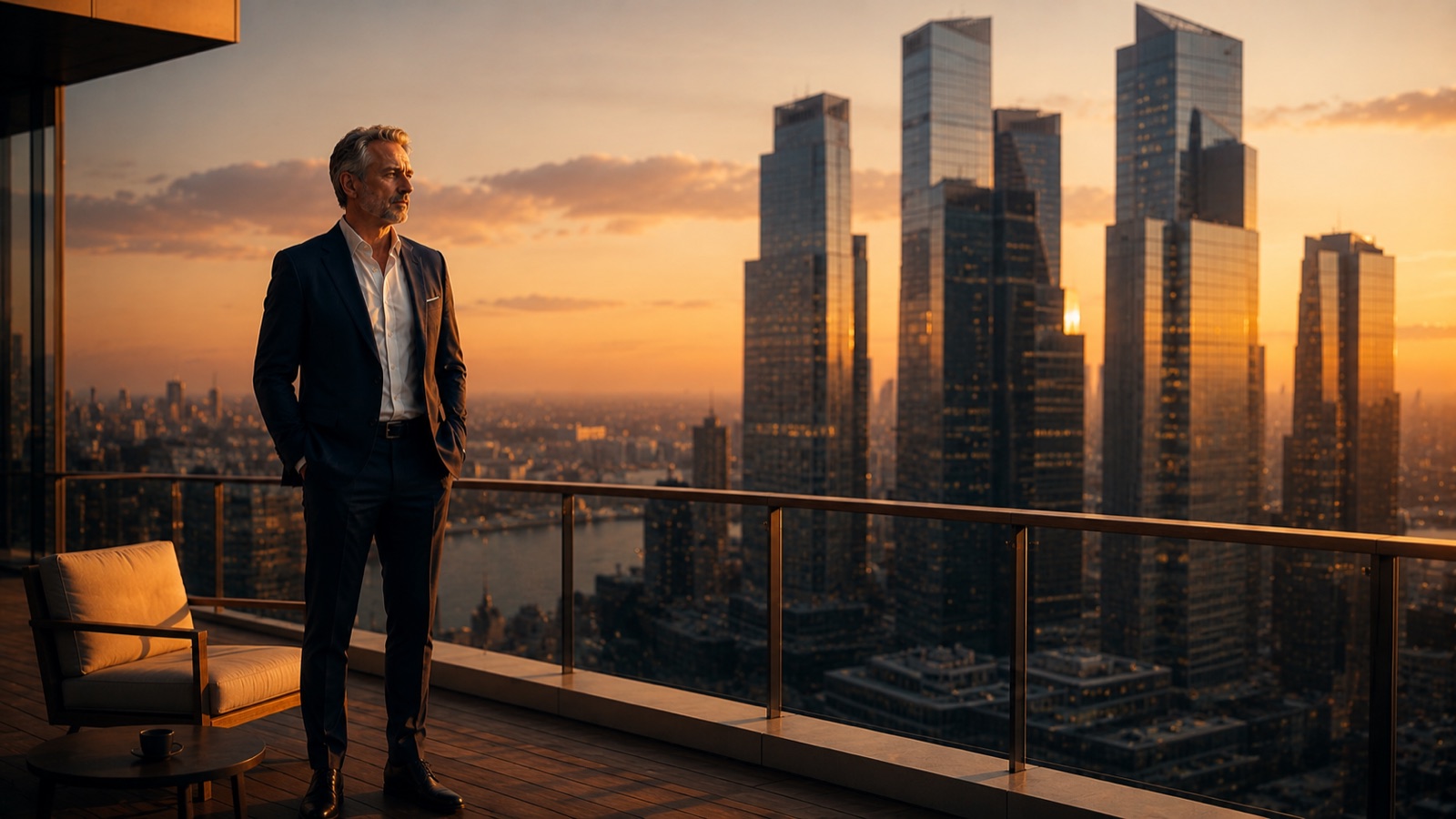 Geschäftsführer auf einer ruhigen Dachterrasse im Vordergrund, gegenüber eine massive Skyline aus Konzerntürmen im Sonnenuntergang – Sinnbild dafür, dass der Mittelstand auf eigenem Terrain gewinnt, nicht im Schatten der Großen.