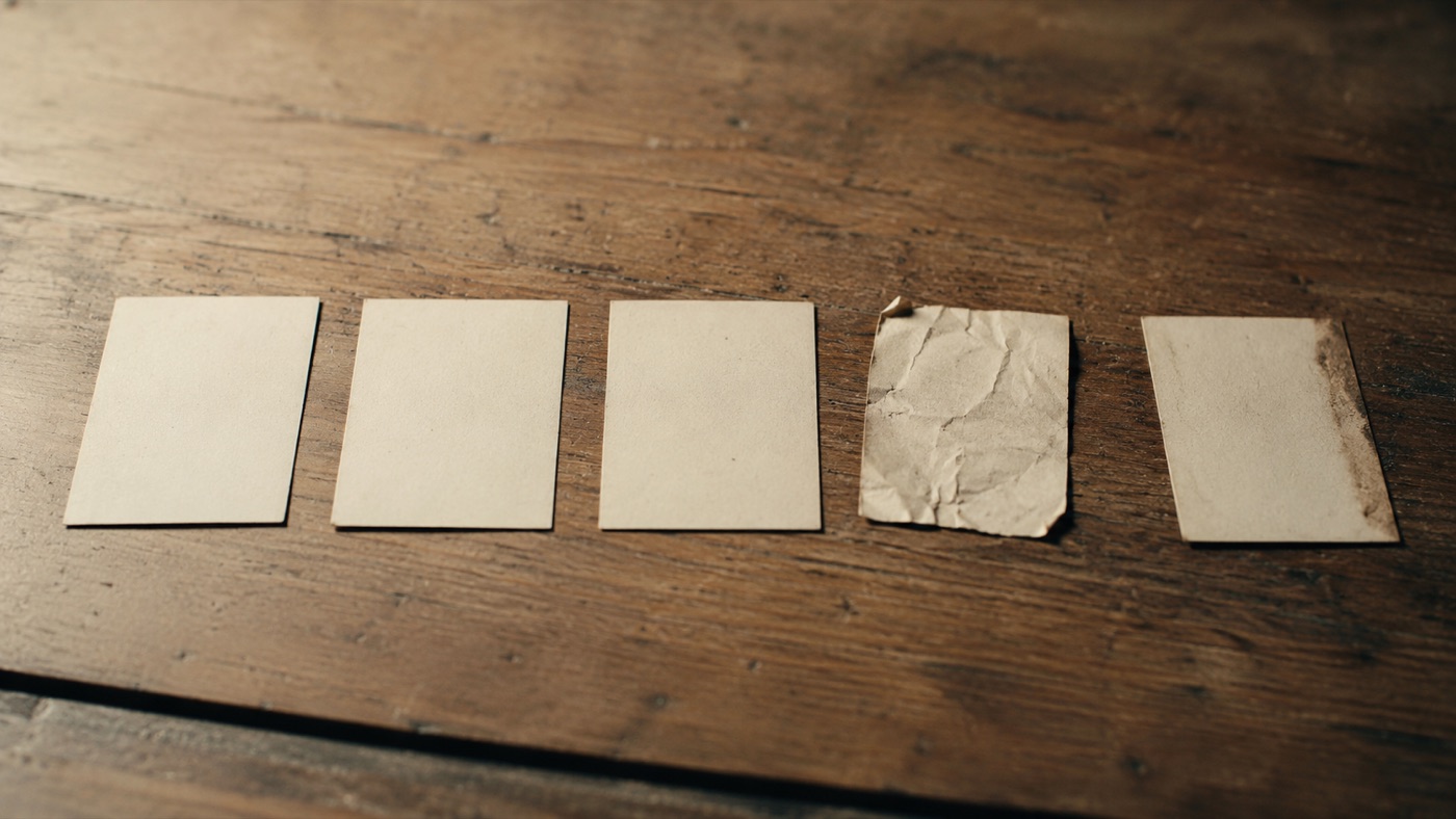 Fünf cremefarbene Karten auf einem Holztisch in einer Reihe, die vierte ist sichtbar zerknittert — Sinnbild für ein gebrochenes Glied in der emotionalen Wertschöpfungskette.